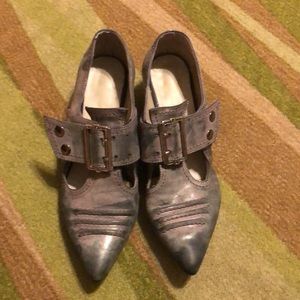 SALE EUC John Fluevog designer distressed blue gray Victorian pilgrim shoes